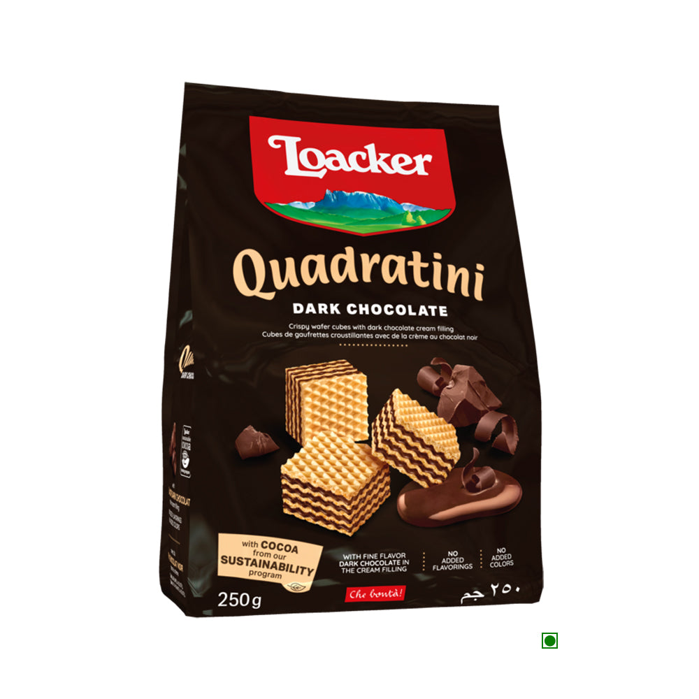 A bag of Loacker Quadratini Dark Chocolate 250g from Italy on a white background.
