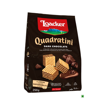 A bag of Loacker Quadratini Dark Chocolate 250g from Italy on a white background.