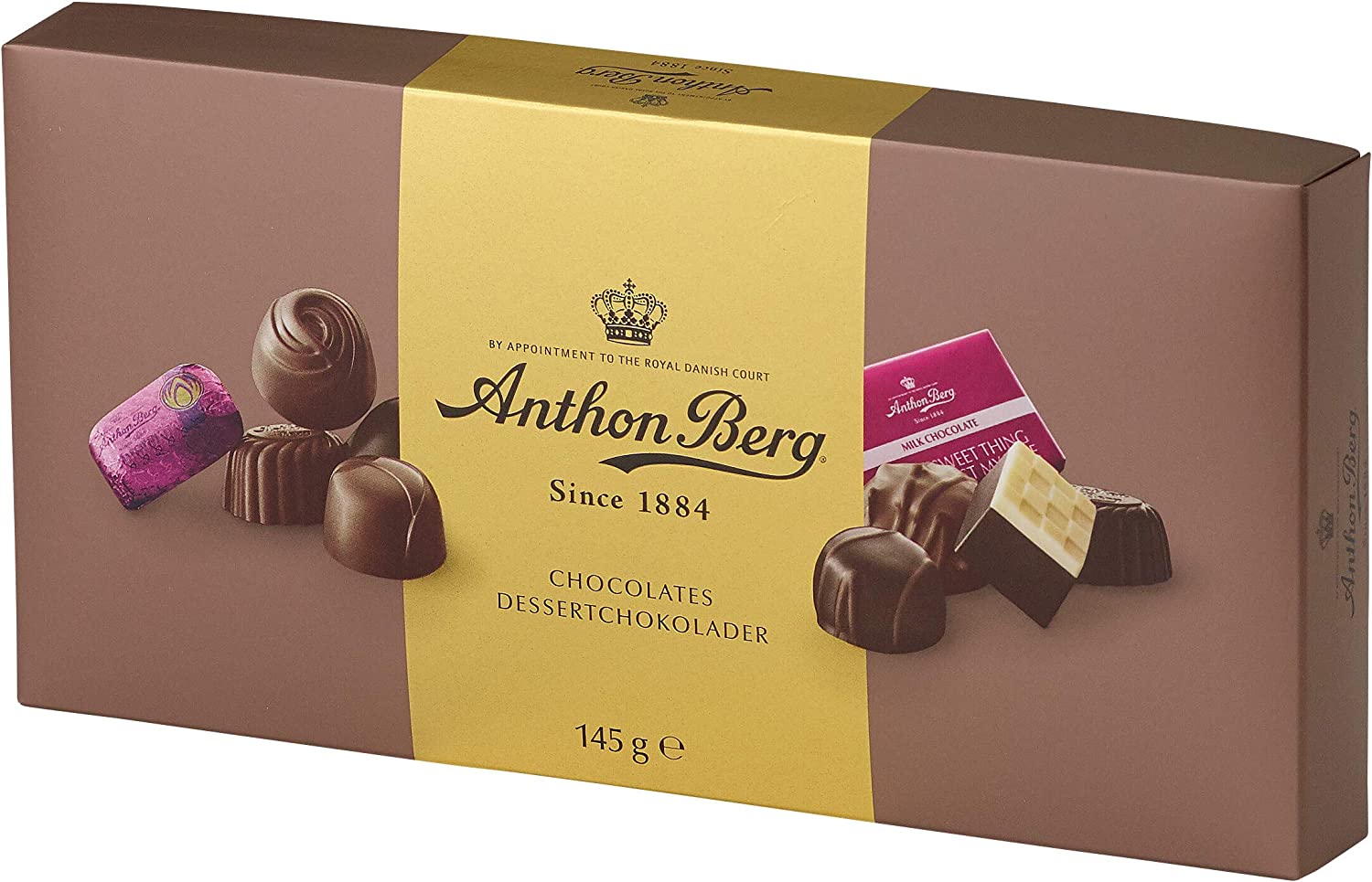 An Anthon Berg Favourites Box 145g in a brown box.