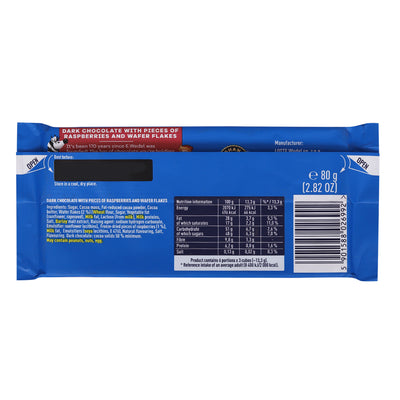 Back view of a Wedel Dark Choc With Raspberry & Wafers Bar 80G wrapper, displaying nutritional information, ingredients list, and barcode.