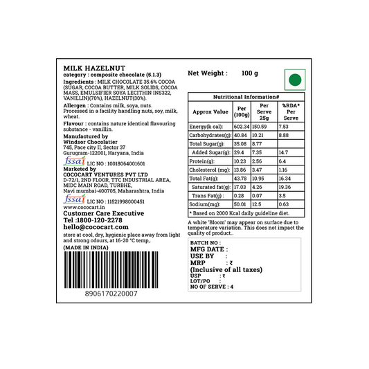 A label of a Rhine Valley Milk Hazelnut 100g chocolate bar featuring ingredients, nutritional information, manufacturer details, net weight of 100g, and allergen warnings. Made with freshly roasted Turkish hazelnuts. A barcode and green dot symbol are present.