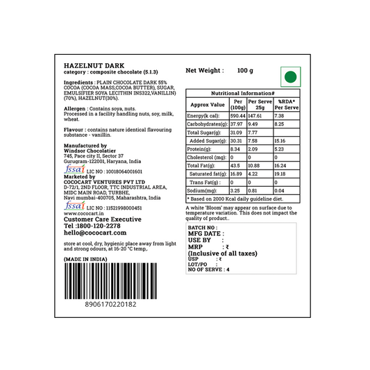 Label for Rhine Valley Hazelnut Dark 100g bar with Turkish hazelnuts, freshly roasted. Includes ingredients, nutritional information, manufacturing details, batch number, manufacturing and expiry dates, storage instructions, and barcode.