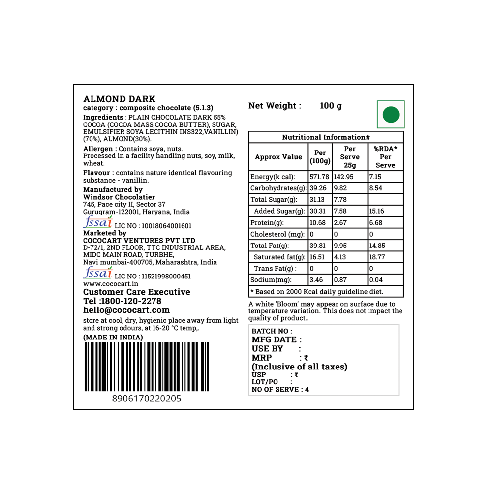 Back label of a Rhine Valley Almond Dark 100g bar, featuring roasted almonds, nutritional information, ingredients of Indian origin, manufacturing details, and a customer care contact number.