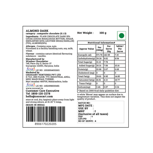 Back label of a Rhine Valley Almond Dark 100g bar, featuring roasted almonds, nutritional information, ingredients of Indian origin, manufacturing details, and a customer care contact number.