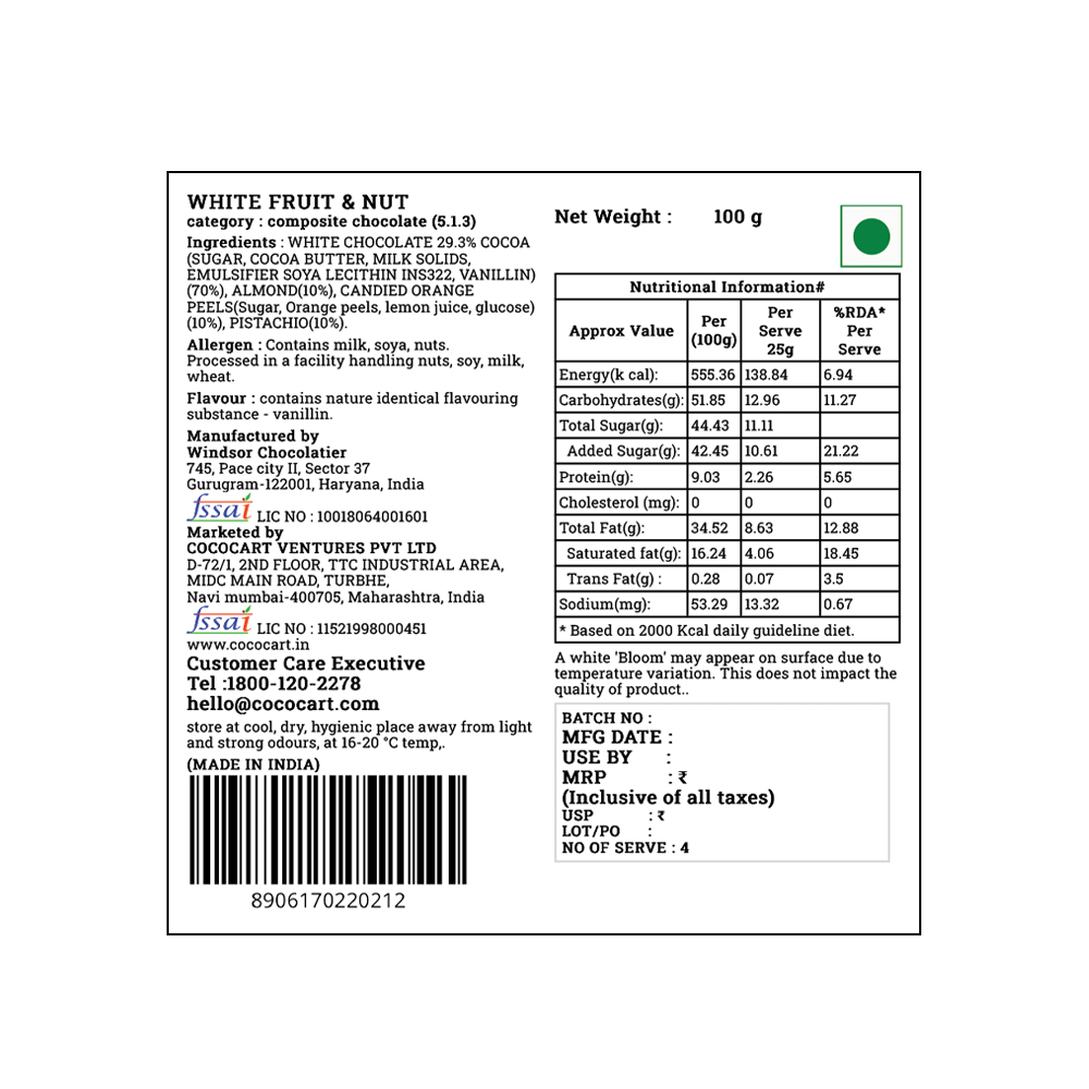 Nutrition label for a Rhine Valley White Fruit & Nut 100g composite bar with Californian almonds. Lists ingredients, nutritional information, manufacturer details, batch number, and storage instructions. Made in India.