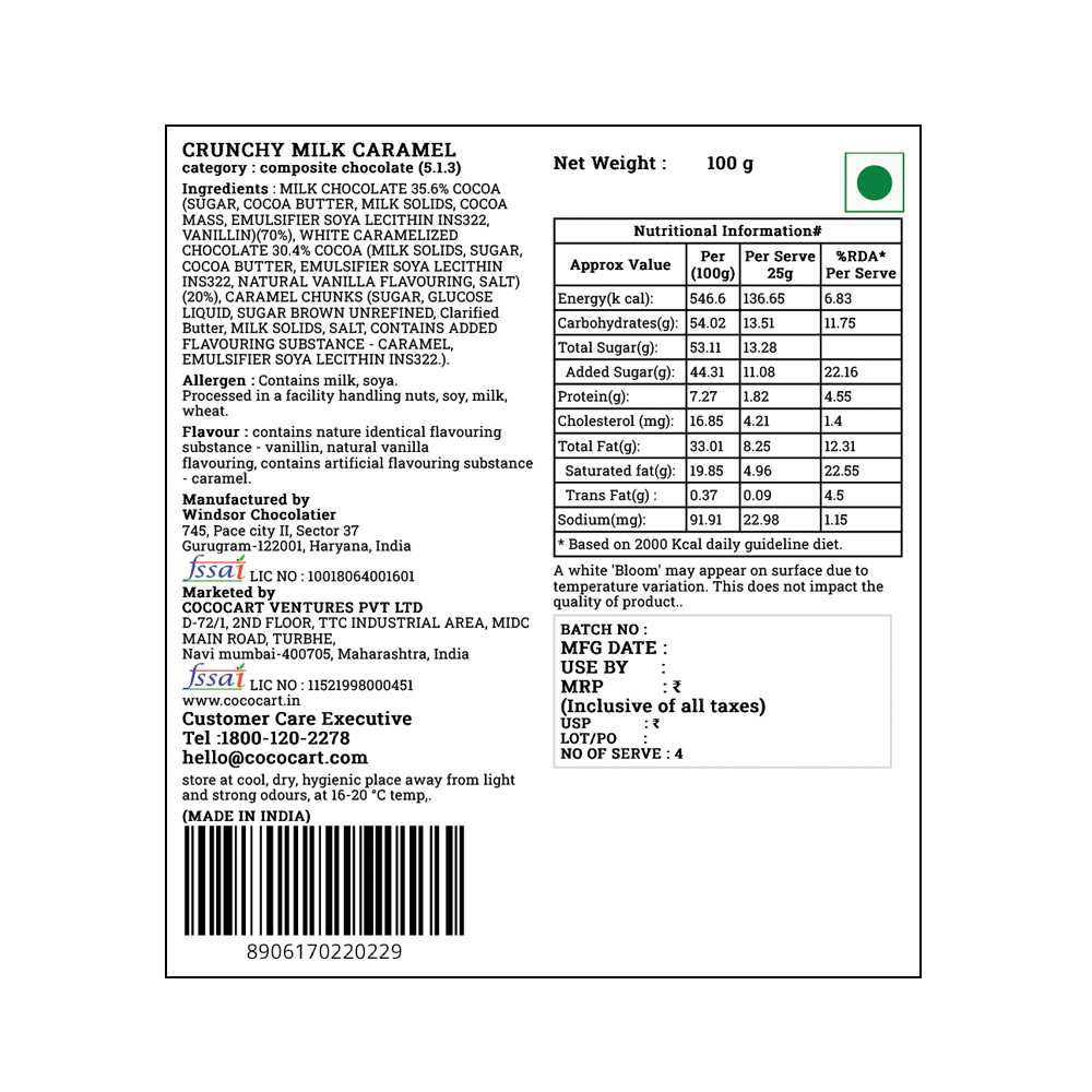 Label for Rhine Valley Crunchy Milk Caramel 100g by Rhine Valley showing nutritional information, ingredients, manufacturer details, net weight, best before date, and product barcode. Product of India.