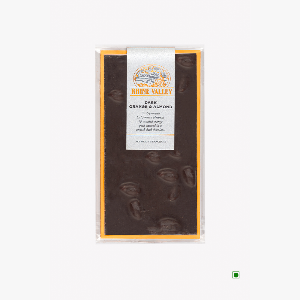 A Rhine Valley 70% Dark Orange & Almond 100gm chocolate bar with a smooth dark chocolate and candied orange peels.