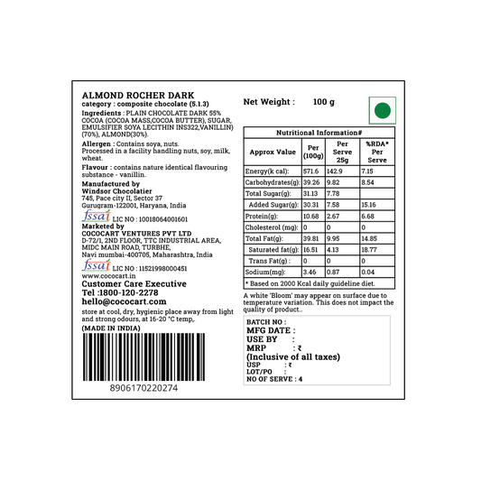 Back of a Rhine Valley Almond Rocher Dark 100g package showing ingredients, nutritional information, customer care details, and manufacturer information. The weight is 100 g and includes a price of INR 80. Crafted with rich dark chocolate and Californian almond slivers for an indulgent experience. Made in India.