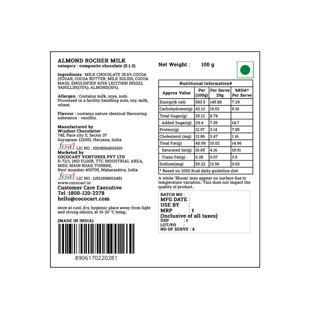 Product label for Rhine Valley Almond Rocher Milk 100g with roasted almond slivers. Includes ingredients, nutritional info, manufacturing details of Indian origin, and contact information. Net weight: 100g. Logo of green dot indicating vegetarian product.