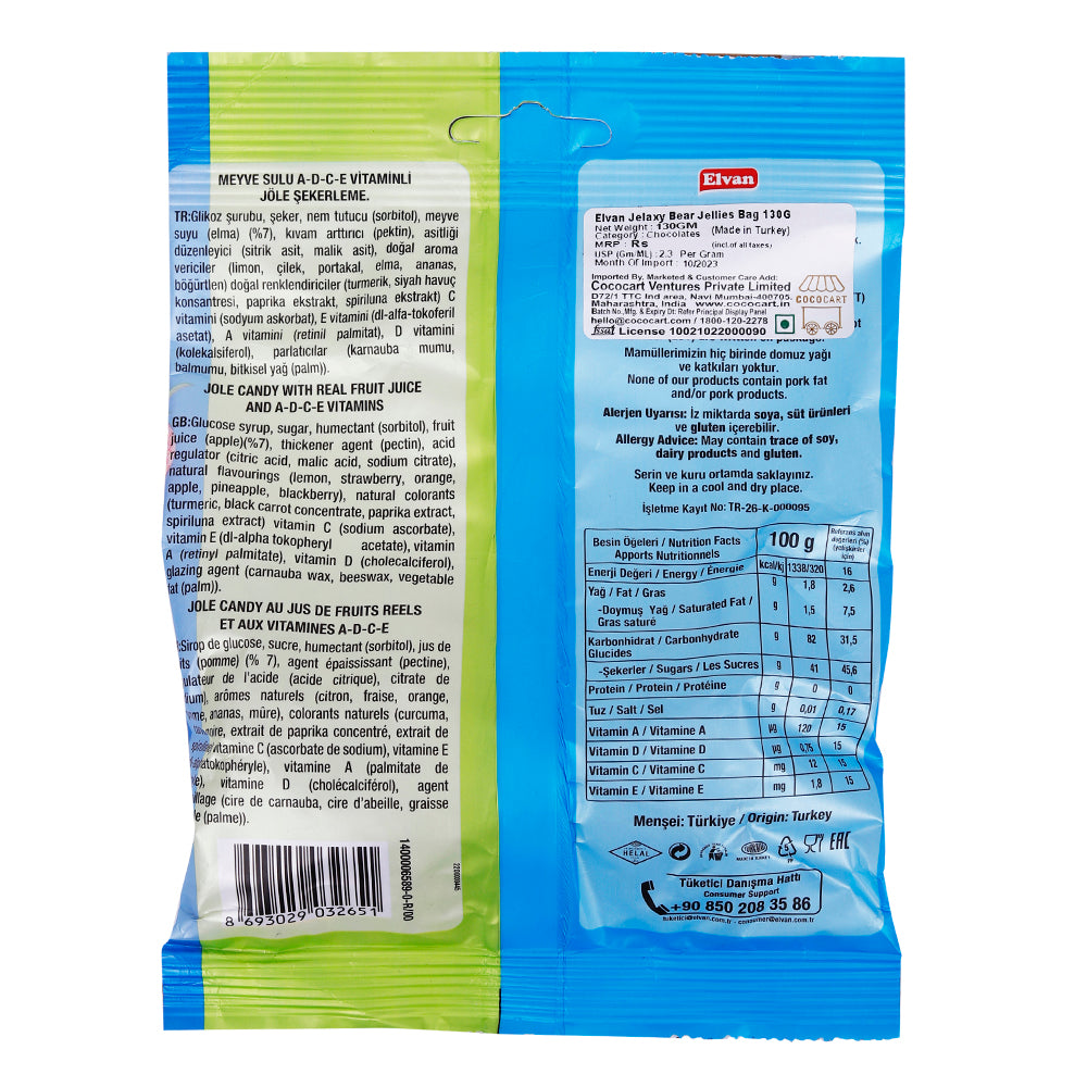 An image of a packet of Elvan Jelaxy Bear Jellies Bag 130g with a label on it.