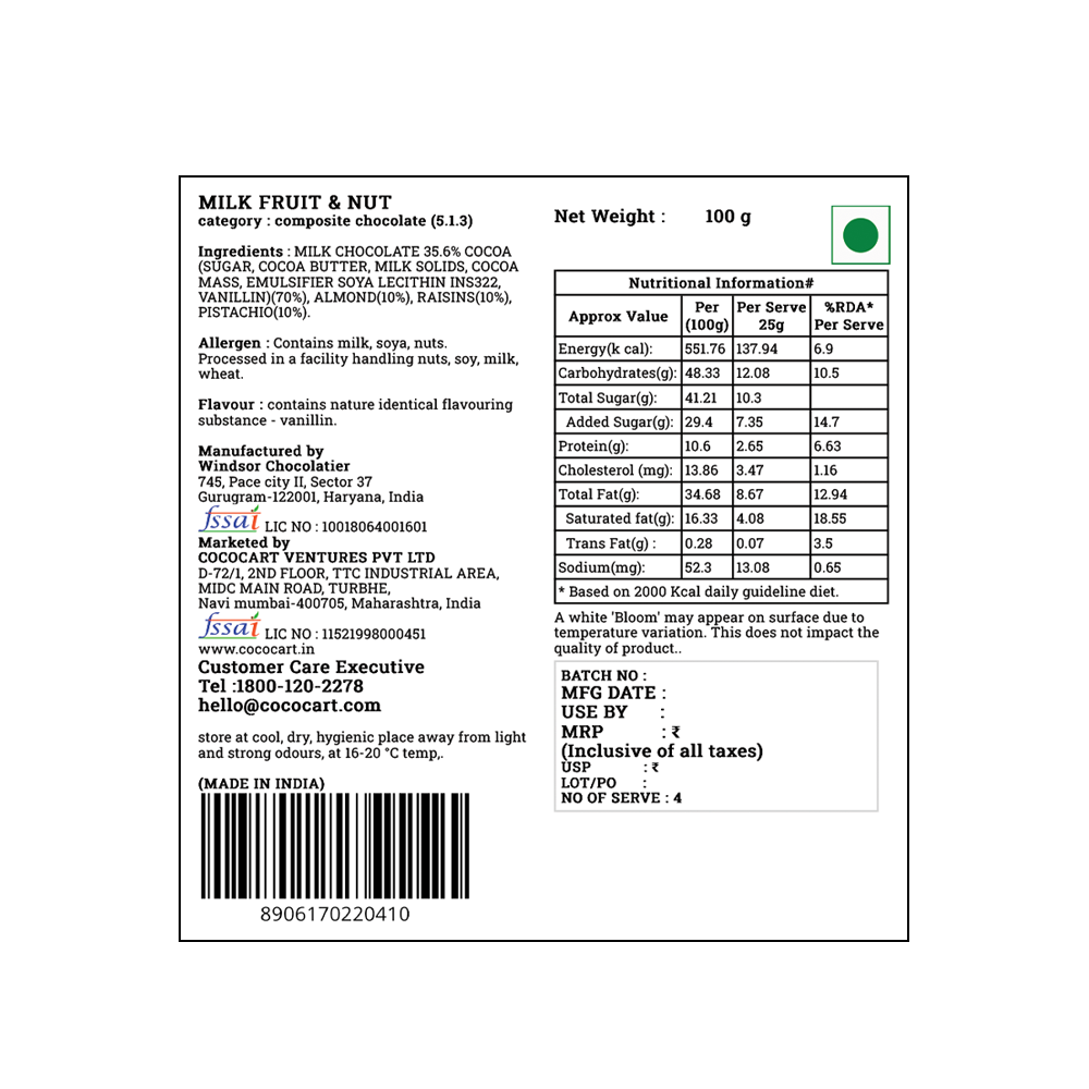 A product label for a Rhine Valley Milk Fruit & Nut Bar 100g chocolate bar. It includes ingredients like Californian almonds and Iranian pistachios, nutritional information, manufacturer details, and storage instructions. The package features an FSSAI logo and a barcode.