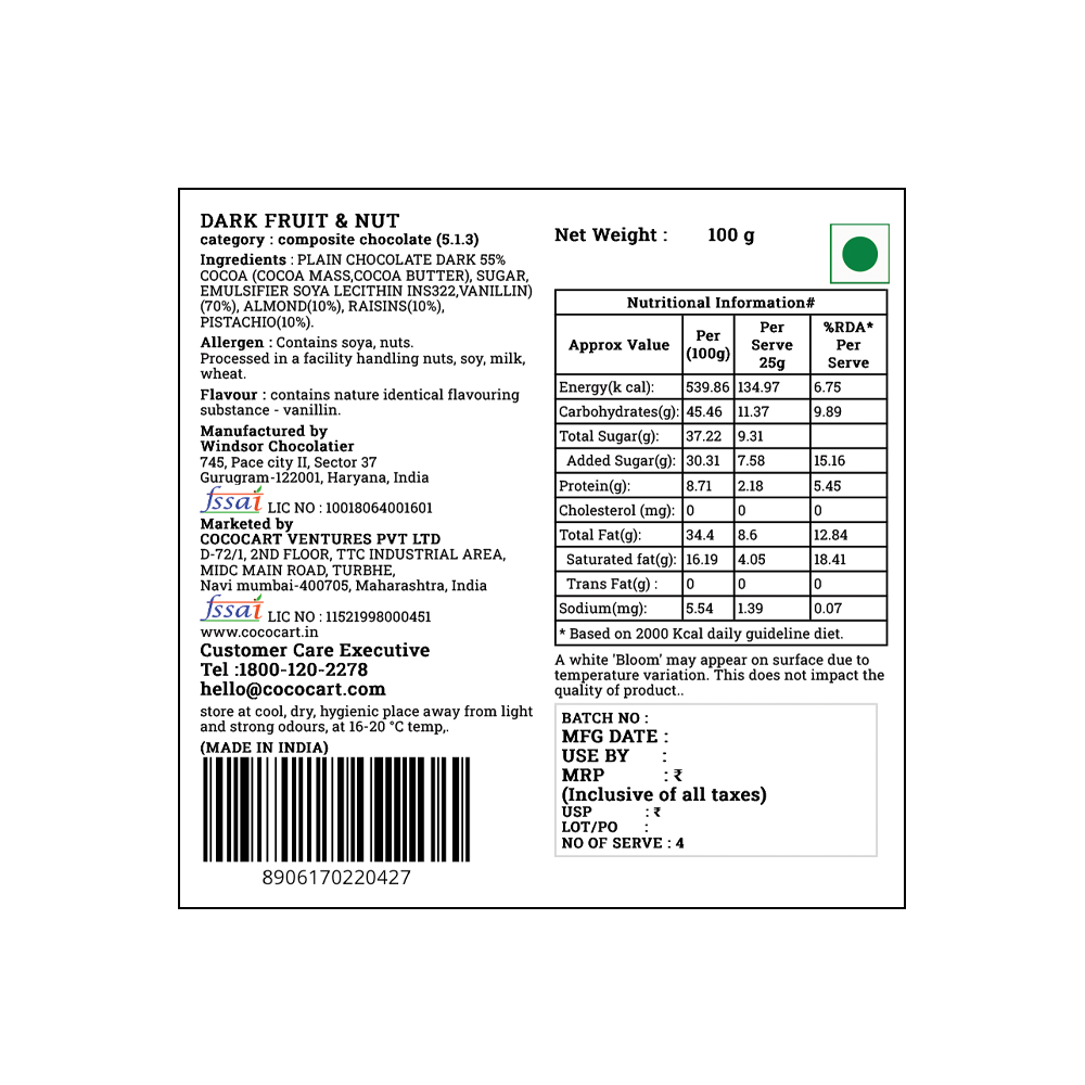 Back of a Rhine Valley Dark Fruit & Nut 100g chocolate bar packaging displaying ingredients including Californian almonds and Iranian pistachios, nutritional information, manufacturer details, and a barcode. The net weight is 100 grams with a green vegetarian symbol.