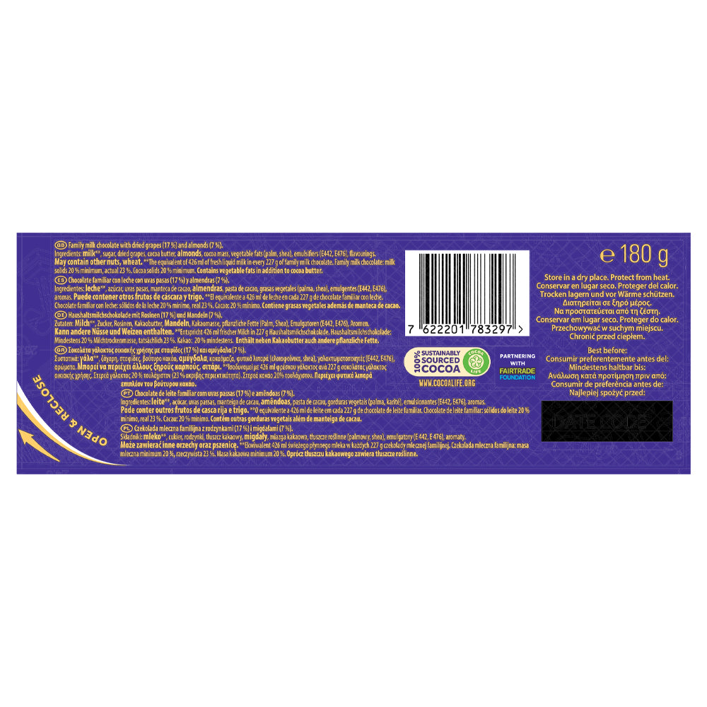 The packaging for the Cadbury Dairy Milk Chocolate With Fruit & Nuts Bar 180g accentuates its creamy milk chocolate fusion with sultanas and almonds. It includes a list of ingredients, a barcode, and showcases various certifications. The information is available in multiple languages to cater to an international audience.