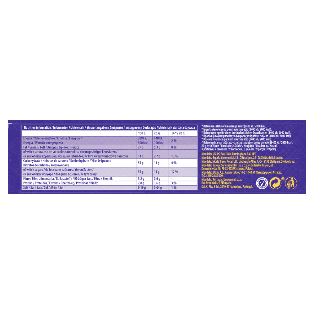 The nutrition label, displayed on a purple background with white text, provides details about the ingredients, serving size, and nutritional information in multiple languages. The bottom right showcases logos that emphasize almonds and suggest the delightful addition of Dairy Milk chocolate from Cadbury.