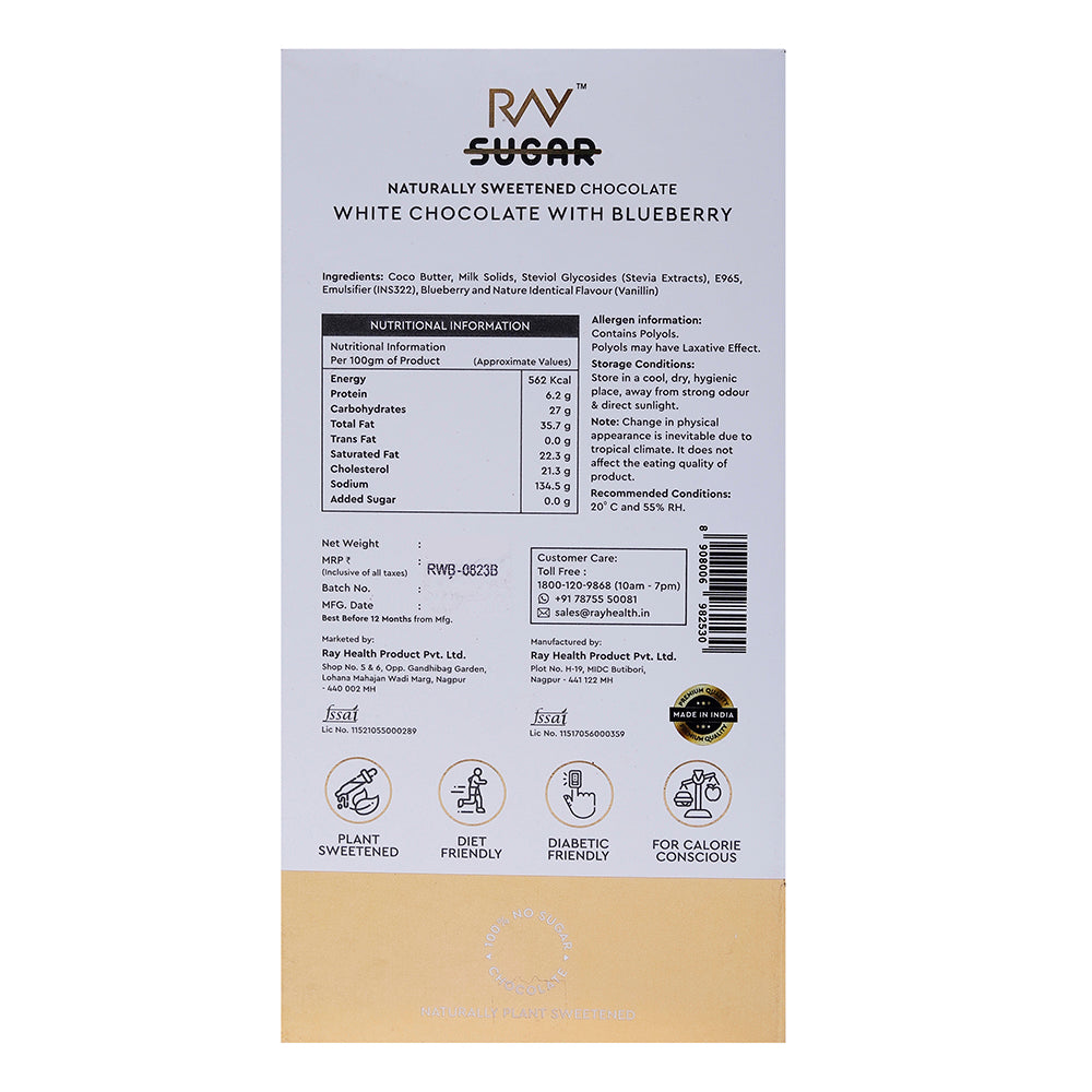 The back of a Ray No Sugar White Chocolate with Blueberry 90gm bar with a label indicating its Country of Origin: India.