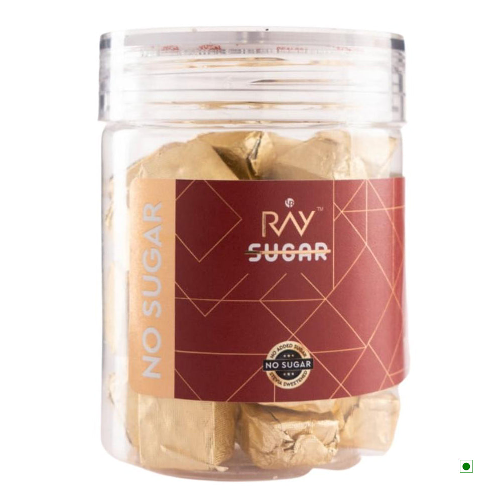 A Ray No Sugar jar of chocolates made in India.