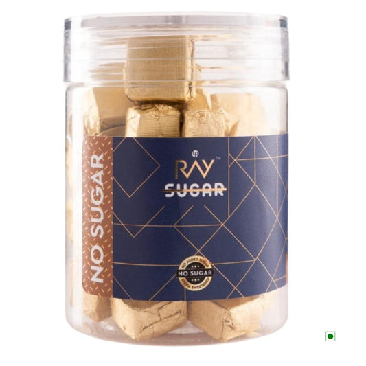 A jar of Ray No Sugar Belgian White Chocolate Crackle 90gm with no sugar in it.