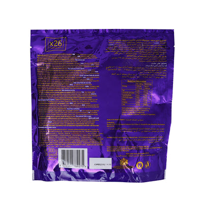 The back of a purple Cadbury Dairy Milk Caramel Chunks Pouch 300g bag with a label on it.
