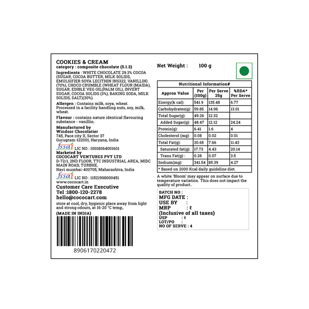 A detailed back label of the Rhine Valley Cookies & Cream 100g chocolate bar reveals its crumble cookie crunch, white chocolate ingredients, nutritional information, manufacturer details, and contact information. The barcode and packaging date are also visible. Country of Origin: India.