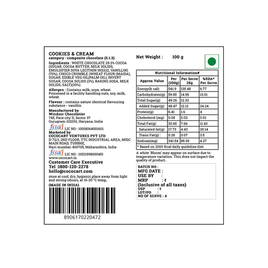 A detailed back label of the Rhine Valley Cookies & Cream 100g chocolate bar reveals its crumble cookie crunch, white chocolate ingredients, nutritional information, manufacturer details, and contact information. The barcode and packaging date are also visible. Country of Origin: India.