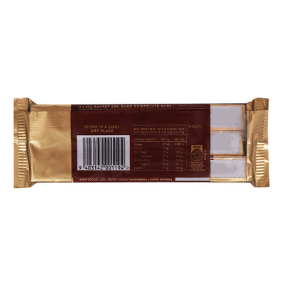 Back view of a Whittaker's Dark Sante Multipack Bars 75g New Zealand dark chocolate bar packaging with nutritional information and barcode visible.