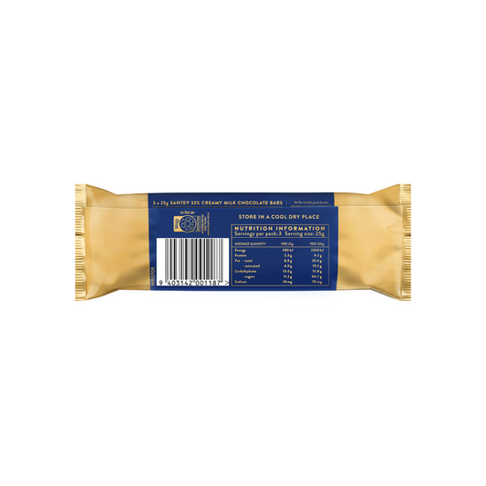 Back view of a wrapped Whittaker's Milk Sante Multipack Bars 75g displaying the nutritional information, barcode, and storage instructions.