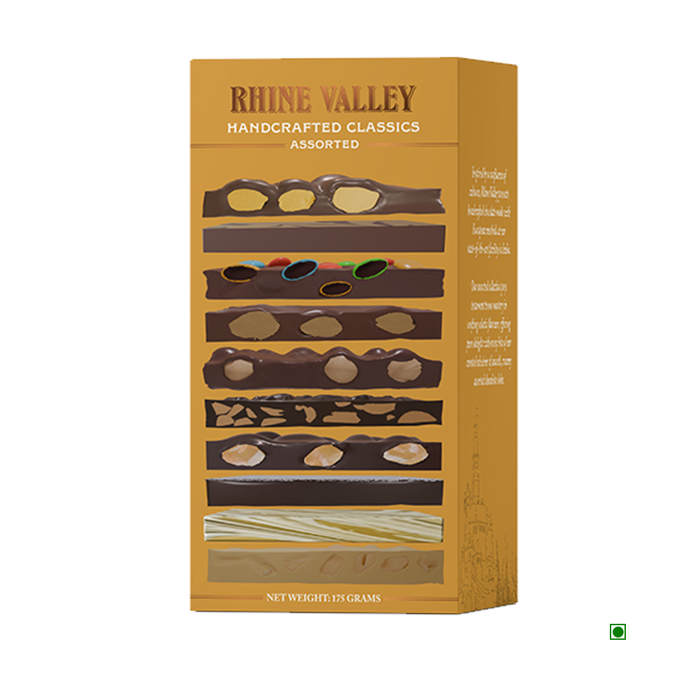 Box of Rhine Valley Handcrafted Classics Assorted Chocolate (175g) featuring traditional illustrations of various chocolate types, inspired by Indian flavors.