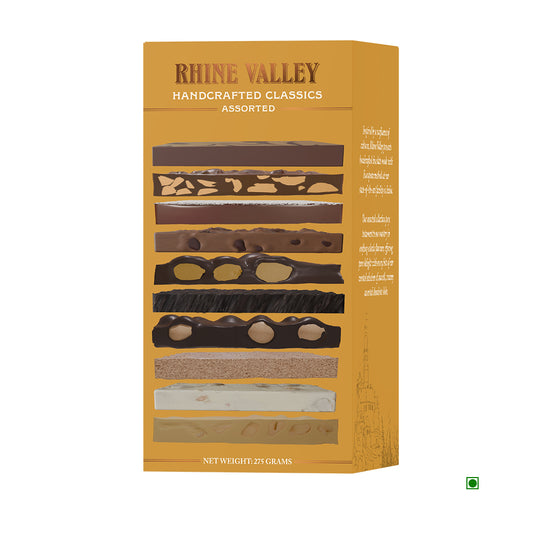 Rhine Valley Handcrafted Classics Assorted Chocolate 275g features a timeless selection with nutty layers presented against a bright orange background.