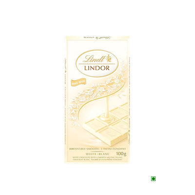 A box of Lindt Lindor Singles Weiss White 100g chocolate on a white background.