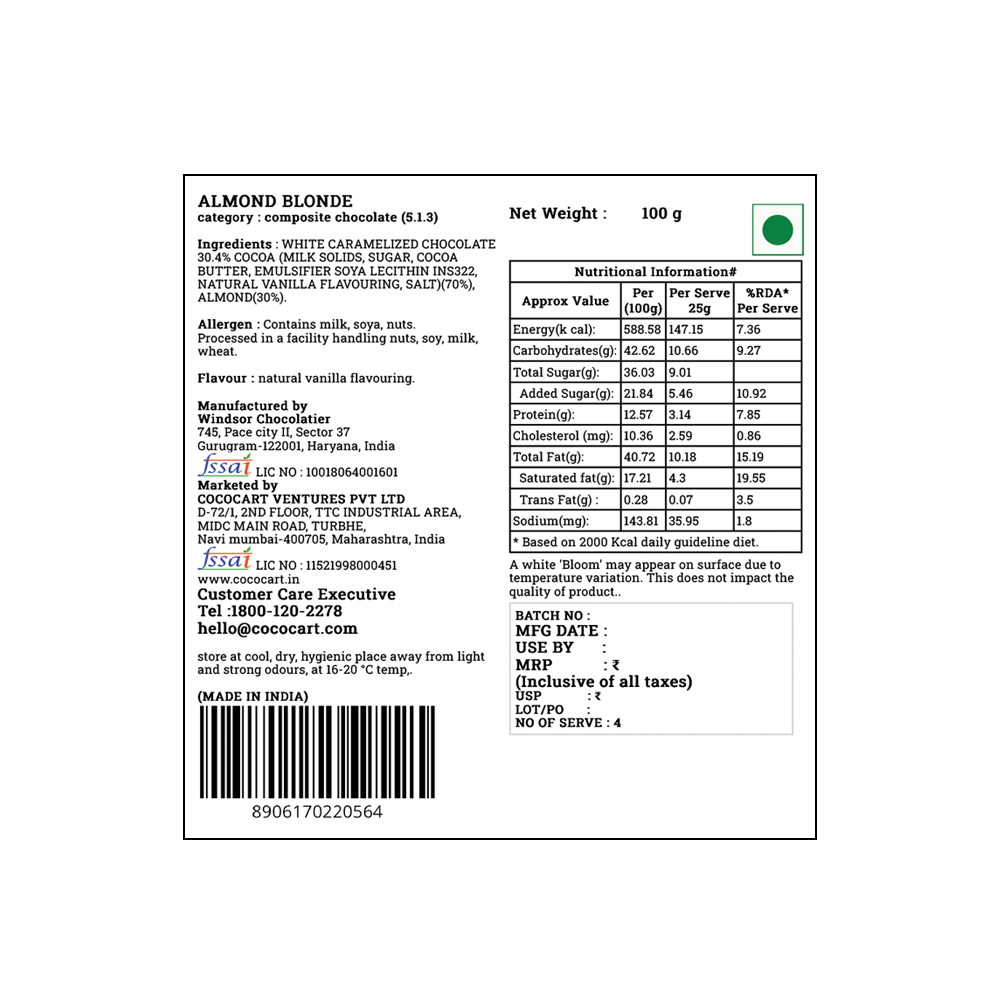 Image of the back of a Rhine Valley Almond Blonde 100g packaging with nutritional information, ingredients list featuring caramelised white chocolate and freshly roasted Californian almonds, manufacturer details, contact information, and a barcode at the bottom.