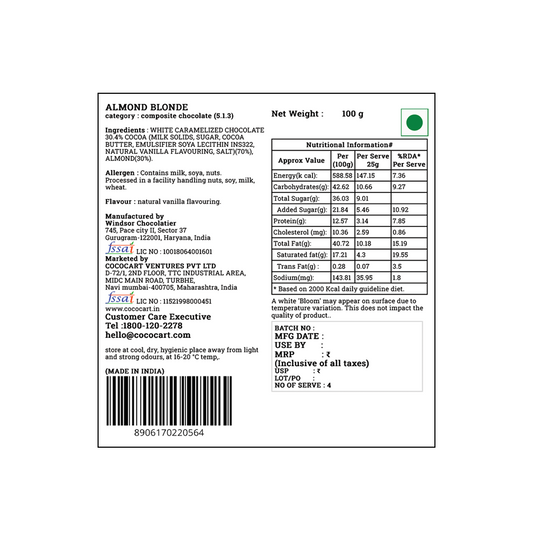 Image of the back of a Rhine Valley Almond Blonde 100g packaging with nutritional information, ingredients list featuring caramelised white chocolate and freshly roasted Californian almonds, manufacturer details, contact information, and a barcode at the bottom.