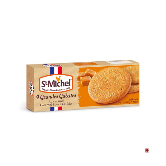 Package of St Michel Grandes Galettes Caramel (150g) featuring an image of the large caramel galettes and caramel pieces on the packaging, suggesting the delightful taste of classic French biscuits.