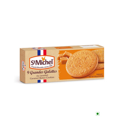 A box of St Michel Grandes Galettes Caramel cookies, on a white background.
