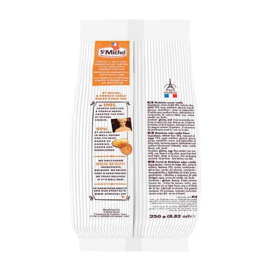 Back label of a St Michel Madeleines Vanilla Bag 250g package featuring seashell-shaped Madeleines. Includes product details, a French flag emblem, and text in both French and English. Made with high-quality eggs for an authentic taste. Net weight: 250g (8.82 oz).