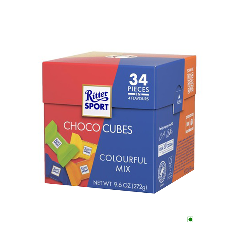 A Rittersport Choco Cubes Box 272g on a white background.