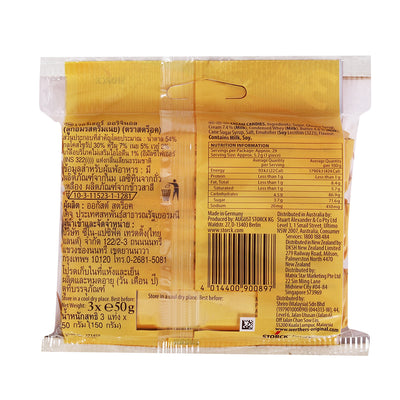 Back view of a yellow packaged Werther's Original Cream Candies 3 Pack 150g product displaying nutritional information, barcodes, and manufacturing details.