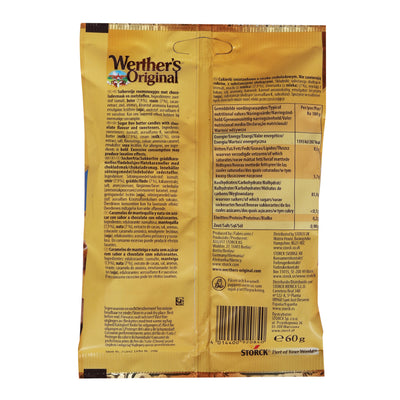 Back of a Werther's Original Chocolate Candies Sugar Free 60g candy package showing nutritional information and ingredients list in multiple languages.