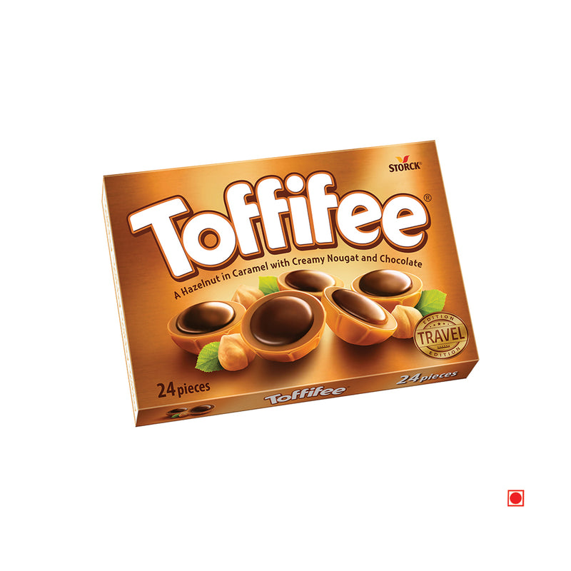 A box of Toffifee candies, displaying 24 Toffifee Hazelnut In Caramel With Creamy Nougat And Chocolate 200g pieces.