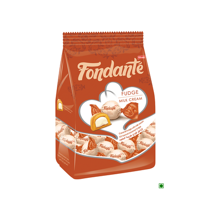 An ELVAN Fondante Caramel Milk Cream Fudge 500g bag on a white background.