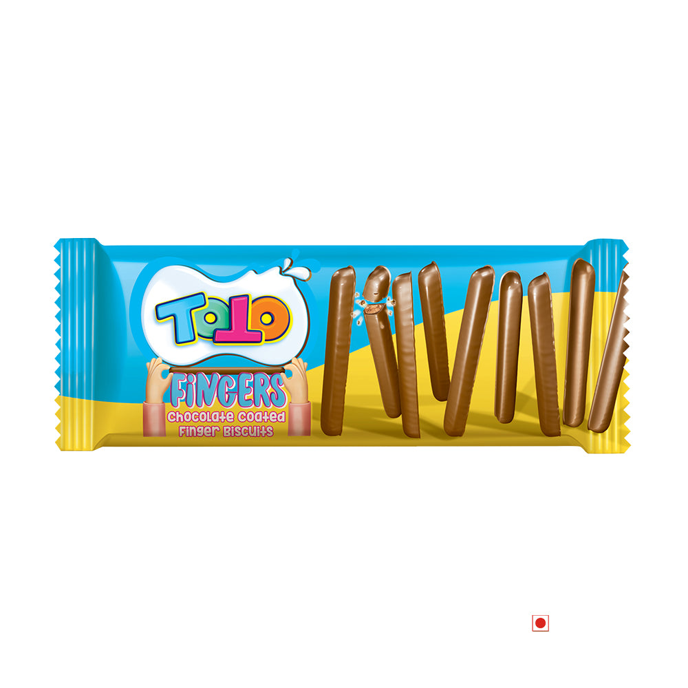 A Elvan Toto Chocolate Coated Finger Biscuits 103g of ELVAN's peanuts on a white background.