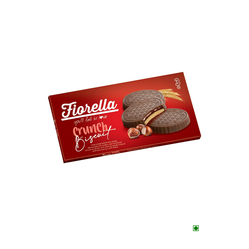 The packaging of Elvan Fiorella Milky Chocolate Mounted Biscuits Hazelnut Cream (Pack of 6) 300g showcases chocolate-covered biscuits with a creamy hazelnut filling and wheat on a red background. The package prominently features Turkey as the country of origin.