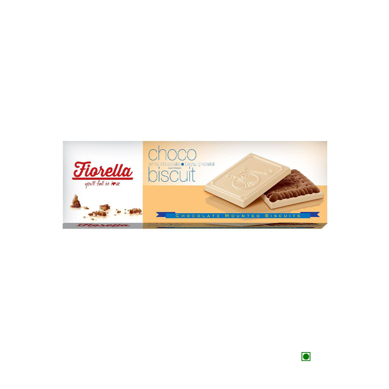 A package of Elvan Fiorella White Chocolate Mounted Biscuits 102g on a white background.