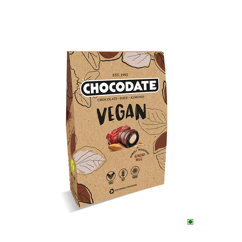 A box of Chocodate Vegan No Added Sugar Almond 80g with nuts and almonds.