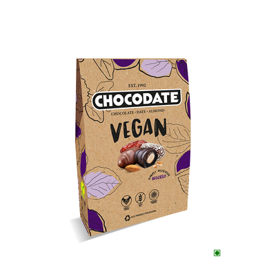 A box of Chocodate Vegan No Added Sugar Assorted 80g flavors on a white background.
