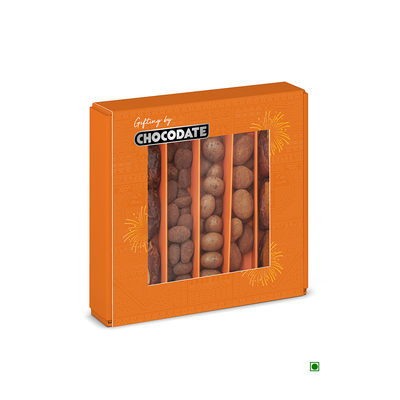 A Chocodate Assorted Dates and Coated Nuts 250g from the UAE in an orange box.