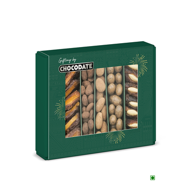 A box of Chocodate Assorted Dates and Coated Nuts 400g on a white background.