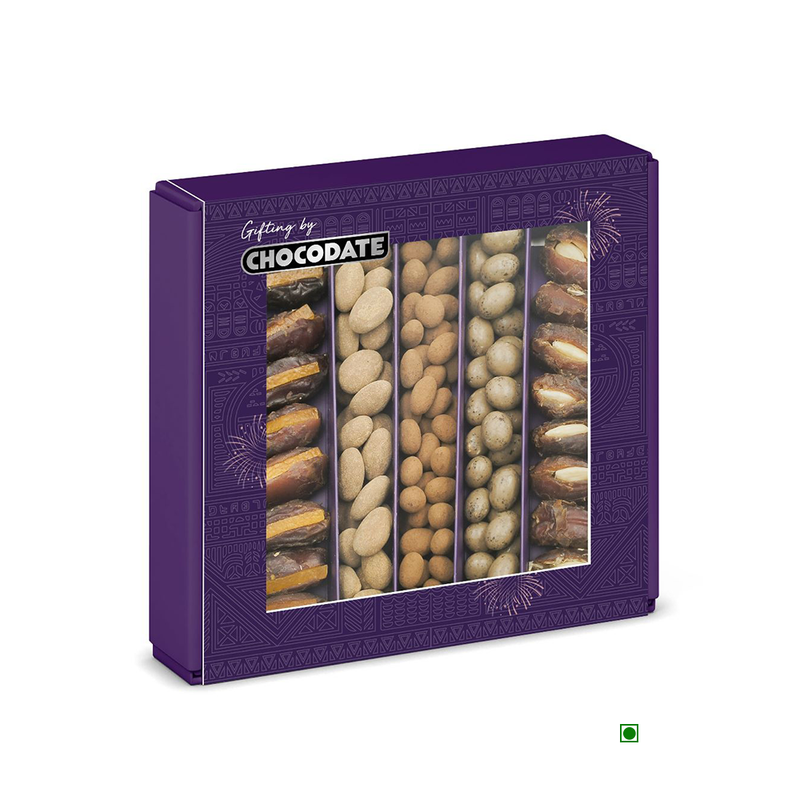A box containing Chocodate Assorted Dates and Coated Nuts 600g by Cococart India.