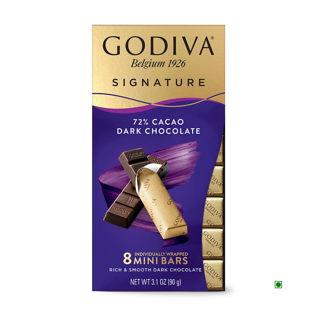 Experience the luxury of true chocolate indulgence with Godiva Signature 72% Cocoa Dark Chocolate Sticks. This 90g package from Godiva includes individually wrapped mini bars crafted in the renowned Belgian tradition, offering a rich and smooth taste that elevates your chocolate enjoyment.