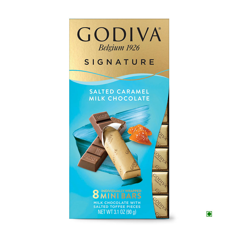 The Godiva Signature Salted Caramel Milk Chocolate Sticks, weighing 90g, provide a delightful experience with eight individually wrapped mini bars.