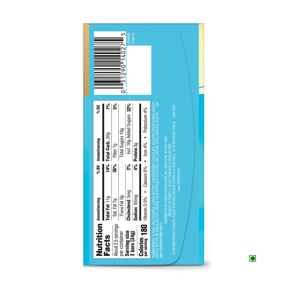 The image displays the nutrition facts on a package of Godiva Sea Salt Dark Chocolate Sticks 90g, containing details on calories, fat, cholesterol, sodium, and sugars. Notably, it highlights the luxurious appeal of dark chocolate infused with sea salt and includes a barcode along with other packaging information.